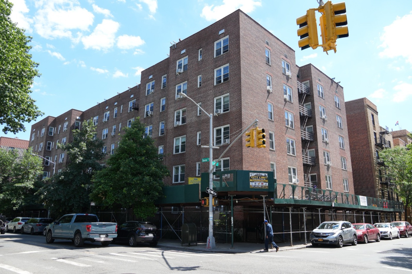 City Limit Construction active Local Law 11 facade repair and sidewalk shed work at 42-40 Bowne Street in Flushing, Queens